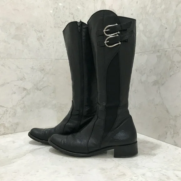 PAUL GREEN {5} Black Leather Boots Knee-High Buckles Stacked Heel - Picture 2 of 7